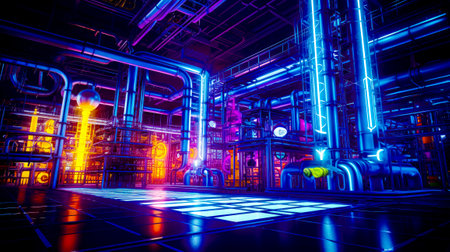 Computer generated image of large industrial facility with pipes and piping. Generative AI.の素材