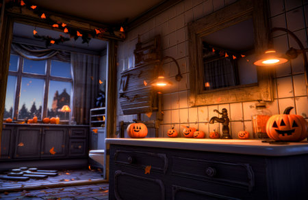 Kitchen decorated for halloween with pumpkins on the counter and window in the background. Generative AI.の素材