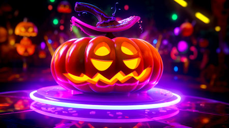 Lit up pumpkin sitting on top of purple plate with shoe on top of it. Generative AI.の素材