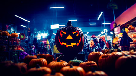 Group of pumpkins sitting on top of table in store. Generative AI.の素材