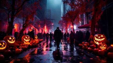 Group of people walking down street with pumpkins on the ground. Generative AI.の素材