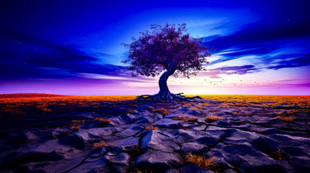 Tree in the middle of desert with purple sky in the background. Generative AI.の素材