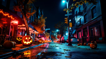 City street at night with lighted jack-o'-lantern. Generative AI.の素材
