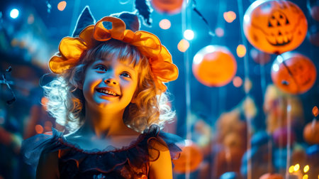 Little girl that is standing in front of a bunch of orange balls. Generative AI.の素材