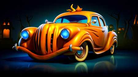 Orange car with bird on the top of it's head. Generative AI.の素材