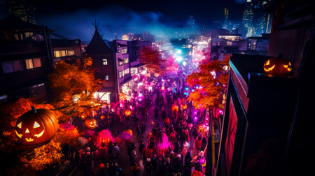 Crowd of people standing on top of street next to tall buildings. Generative AI.の素材
