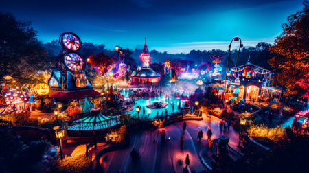 Amusement park lit up at night with people walking around and ferris wheel in the background. Generative AI.の素材