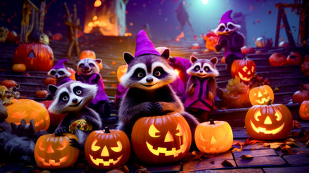Group of raccoons sitting on top of pile of pumpkins. Generative AI.の素材