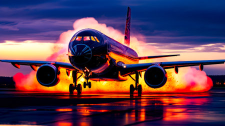 Large jetliner sitting on top of runway under cloudy sky. Generative AI.の素材