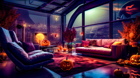 Living room decorated for halloween with pumpkins and view of the city. Generative AI.の素材
