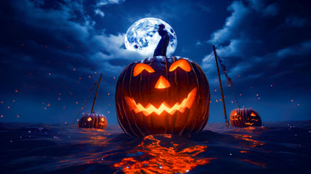 Jack o lantern floating in the water with full moon in the background. Generative AI.の素材