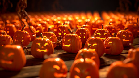 Lot of pumpkins that have been carved into the shape of faces. Generative AI.の素材