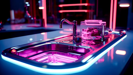 Sink with faucet and soap dispenser. Generative AI.の素材