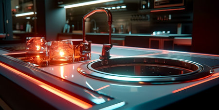 Kitchen counter with sink and faucet in the middle of it. Generative AI.の素材