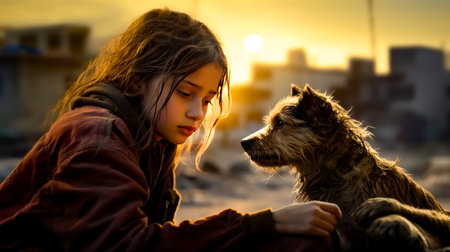 Young girl is petting dog on the beach as the sun sets. Generative AI.の素材