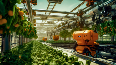 Large filled greenhouse with lots of plants and plants growing inside of it. Generative AI.の素材