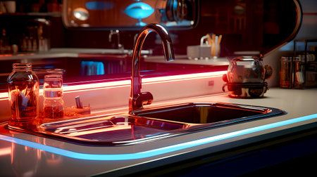 Kitchen sink with faucet and soap dispenser. Generative AI.の素材