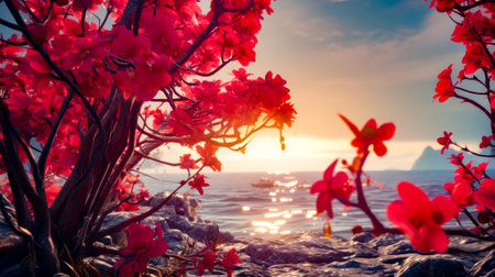 The sun is setting over body of water with red flowers in the foreground. Generative AI.の素材