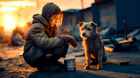 Woman sitting on the ground next to dog and can of dog food. Generative AI.の素材