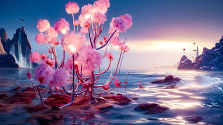 Painting of pink flowers on rocks in the ocean with sunset in the background. Generative AI.の素材