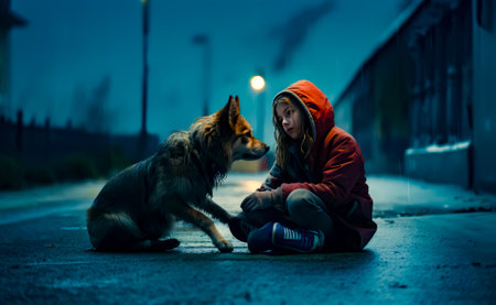 Woman kneeling down next to dog on sidewalk at night with street light in the background. Generative AI.の素材