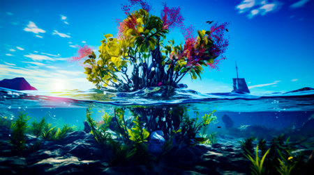 Underwater view of coral reef with boat in the distance and blue sky in the background. Generative AI.の素材