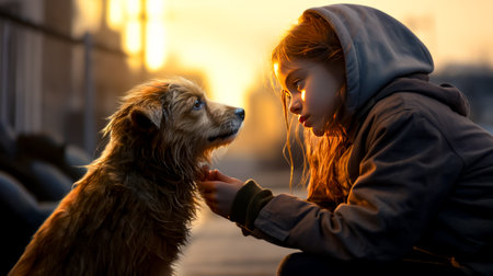 Young girl is petting dog on the nose with the sun setting in the background. Generative AI.の素材