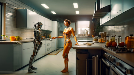 Woman in body suit standing next to robot in kitchen. Generative AI.の素材