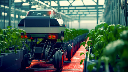 Futuristic car driving through greenhouse filled with green plants and plants in the foreground. Generative AI.の素材