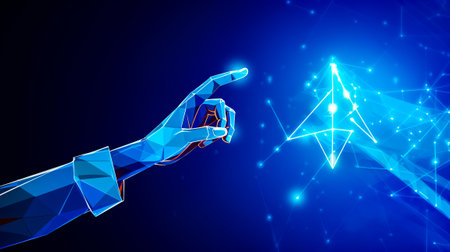 Hand pointing at a blue object with a star in the middle of it. Generative AI.の素材