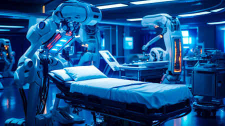 Hospital room with bed and robot in the middle of it. Generative AI.の素材
