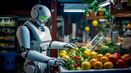 Robot standing next to table filled with fruits and veggies. Generative AI.の素材