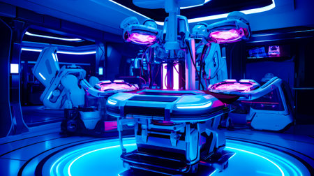 Futuristic hospital room with neon lights and medical equipment in the center of the room. Generative AI.の素材