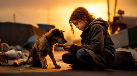 Young girl is petting dog on the street at sunset or sunrise. Generative AI.の素材