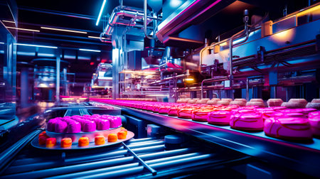 Conveyor belt with trays of donuts in large factory. Generative AI.の素材