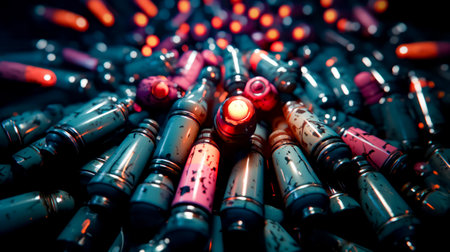 Pile of colorful lipsticks sitting next to each other on top of table. Generative AI.の素材