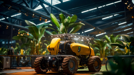 Yellow tractor is on display in large room with green plant in the background. Generative AI.の素材