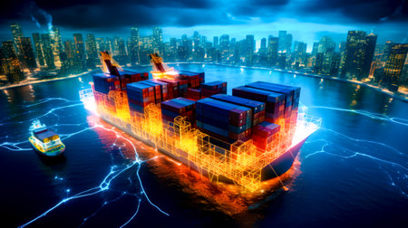 Large container ship in the middle of body of water with city in the background. Generative AI.の素材
