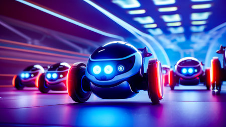 Toy car with glowing headlights driving through tunnel with other toy cars. Generative AI.の素材