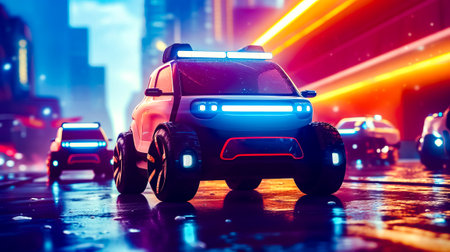 Toy car driving down street next to neon colored light on top of it. Generative AI.の素材