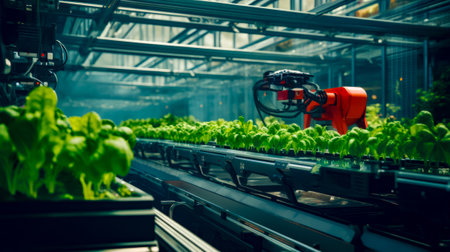 Large greenhouse filled with lots of lettuce and red machine. Generative AI.の素材
