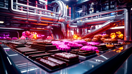 Conveyor belt filled with lots of different types of cookies and pastries. Generative AI.の素材