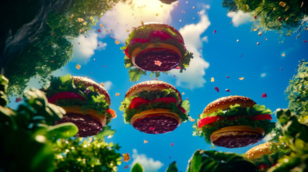 Group of hamburgers with lettuce, tomato and lettuce on them. Generative AI.の素材