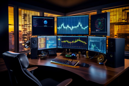 Desk with lot of monitors and keyboard on top of it. Generative AI.の素材
