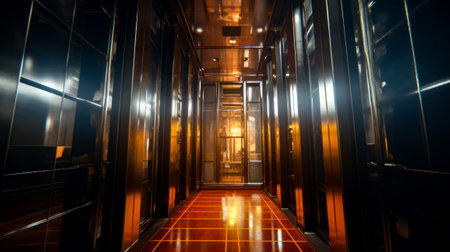 Very long hallway with shiny doors and red floor with light shining on it. Generative AI.の素材