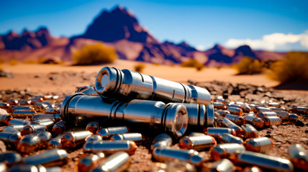 Pile of bullet shells sitting on top of dirt field next to mountain. Generative AI.の素材