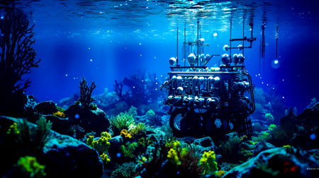 Underwater scene of ship in the ocean with corals and seaweed. Generative AI.の素材