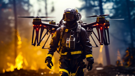 Man in fireman's uniform carrying remote controlled helicopter. Generative AI.の素材