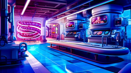 Futuristic kitchen with blue tile flooring and neon colored lighting on the ceiling. Generative AI.の素材