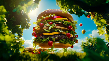 Giant hamburger with lettuce, tomatoes, onions and other toppings. Generative AI.の素材